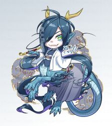 Rule 34 | 1boy, absurdly long hair, ahoge, animal ears, antlers, blue hair, blue scales, blue tail, centauroid, chibi, claws, dragon boy, dragon tail, fang, floating, full body, gradient background, green eyes, grey background, hair over one eye, horns, long hair, looking at viewer, male focus, monster boy, open mouth, original, scales, simple background, skin fang, slit pupils, solo, t o illustvs, tail, taur, very long hair, whorled clouds
