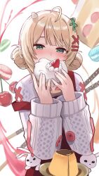 Rule 34 | 1girl, ahoge, blonde hair, blush, buttons, cake, cake slice, covering own mouth, cross hair ornament, double bun, embarrassed, food, food-themed background, green eyes, grunel (grunel 7979), hair bun, hair ornament, highres, holding, long sleeves, looking at viewer, macaron, off shoulder, original, overalls, plate, rabbit, red overalls, sidelocks, solo, stick, strawberry cake, sweater, upper body, white background, white sweater