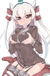 Rule 34 | 10s, 1girl, amatsukaze (kancolle), bad id, bad pixiv id, breast hold, breasts, brown eyes, condom, condom in mouth, condom wrapper, hair tubes, kantai collection, long hair, looking at viewer, mouth hold, osuman toruko, simple background, sitting, solo, thighhighs, twintails, two side up, wariza, white background, white hair