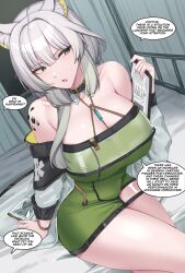 Rule 34 | 1girl, absurdres, animal ear fluff, animal ears, arknights, arm support, bare shoulders, black choker, breasts, cat ears, choker, cleavage, commentary, dress, english text, green dress, green eyes, halterneck, hand up, highres, indoors, kal&#039;tsit (arknights), kanta (kanta 077), large breasts, long hair, off shoulder, open mouth, pencil dress, short dress, sitting, solo, speech bubble, thighs, white hair