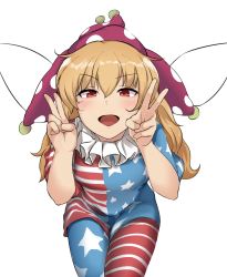 Rule 34 | 1girl, american flag dress, american flag legwear, blonde hair, clownpiece, double v, dress, fairy wings, hat, jester cap, kachobi (user atuh5854), long hair, looking at viewer, neck ruff, open mouth, pantyhose, polka dot, purple hat, red eyes, short sleeves, simple background, smile, solo, star (symbol), star print, striped, touhou, v, white background, wings