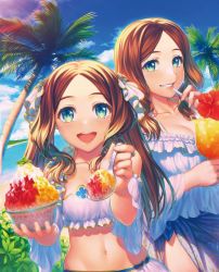 Rule 34 | 2girls, absurdres, bikini, breasts, fate/grand order, fate (series), fruit cup, highres, large breasts, leonardo da vinci (fate), leonardo da vinci (swimsuit ruler) (fate), looking at viewer, multiple girls, ocean, palm tree, simosi, small breasts, sunlight, swimsuit, tree, white bikini