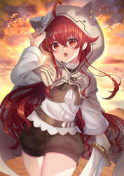 Rule 34 | 1girl, ahoge, animal ears, animal hood, black bow, black shorts, bow, brown cloak, cloak, commentary, english commentary, eris greyrat, fake animal ears, fang, hair between eyes, highres, holding, holding sword, holding weapon, hood, hood up, hooded cloak, long hair, long sleeves, looking at viewer, mushoku tensei, outdoors, puffy shorts, red eyes, red hair, shirt, short eyebrows, short shorts, shorts, solo, sunset, sword, thick eyebrows, very long hair, watermark, weapon, white shirt, wide sleeves, xephonia