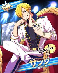 Rule 34 | between fingers, blonde hair, chair, cigarette, commentary request, crossed legs, facial hair, feet out of frame, hair over one eye, hands on own face, highres, holding, jewelry, male focus, one piece, sanji (one piece), short hair, sitting, smile, sorase (srsrs 000), stage lights, teeth