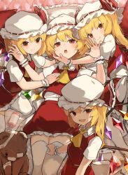Rule 34 | 4girls, :d, :o, ascot, blonde hair, blush, bow, crystal, fang, flandre scarlet, four of a kind (touhou), from above, half-closed eyes, hat, hat bow, hat ribbon, kurowa (curowa), looking at viewer, lying, mob cap, multiple girls, on back, one side up, open mouth, puffy short sleeves, puffy sleeves, red eyes, red ribbon, red skirt, red vest, ribbon, selfcest, shirt, short sleeves, skin fang, skirt, skirt set, smile, thighhighs, touhou, vest, white headwear, white thighhighs, wings, wrist cuffs, yellow ascot, yuri