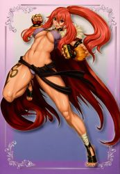 Rule 34 | 10s, 1girl, abs, absurdres, bra, brass knuckles, breasts, eiwa, female focus, full body, gradient background, highres, long hair, muscular, official art, panties, purple eyes, queen&#039;s blade, queen&#039;s blade rebellion, red hair, risty (queen&#039;s blade), solo, underwear, weapon