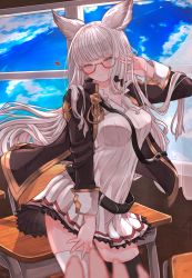 Rule 34 | 1girl, blush, breasts, chair, desk, glasses, granblue fantasy, highres, korwa, large breasts, long hair, looking at viewer, pov, rice tea, skirt, sky, smile, solo, thighs, white hair, window