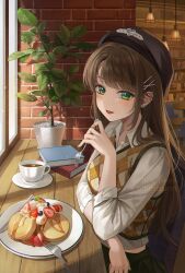 Rule 34 | 1girl, blush, book, brown hair, collared shirt, commission, cup, earrings, food, fork, fruit, green eyes, hair ornament, hairclip, hat, highres, holding, holding fork, indoors, jewelry, long hair, looking at viewer, open mouth, original, pancake, paran, piercing, plant, plate, potted plant, shirt, sleeves rolled up, smile, strawberry, sweater, tea, teacup, watermark, web address, window