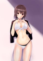 Rule 34 | 10s, 1girl, absurdres, bad id, bad pixiv id, bikini, bikini under clothes, blush, breasts, brown eyes, brown hair, cleavage, criss-cross halter, front-tie top, girls und panzer, halterneck, highres, jacket, looking at viewer, medium breasts, nakonako, navel, nishizumi maho, short hair, solo, swimsuit, swimsuit under clothes, white bikini