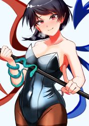 Rule 34 | 1girl, absurdres, alternate costume, asymmetrical wings, bare arms, bare shoulders, black hair, black pantyhose, blue wings, blush, bow, breasts, brown pantyhose, collarbone, cowboy shot, fake tail, fingernails, highres, holding, houjuu nue, leotard, looking at viewer, nail polish, pantyhose, pink eyes, playboy bunny, polearm, red wings, sharp fingernails, short hair, simple background, smile, snake, solo, standing, swept bangs, tail, thighband pantyhose, touhou, trident, urizaku3, weapon, white background, wings