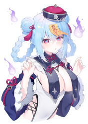 1girl :o absurdres aqua_hair blush braid braided_hair_rings breast_curtain breasts covered_navel detached_sleeves dress hair_ornament hair_rings hat highres hitodama ice_(ice) jiangshi large_breasts looking_at_viewer ofuda ofuda_on_head original qingdai_guanmao red_eyes simple_background solo symbol-shaped_pupils talisman white_background white_dress