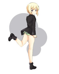 Rule 34 | 1girl, a9b (louis814), ankle boots, ass, black footwear, blush, bob cut, boots, bottomless, erica hartmann, flat ass, from behind, full body, green panties, grin, highres, jacket, leg up, long sleeves, looking at viewer, looking back, military, military uniform, no pants, panties, short hair, simple background, smile, solo, strike witches, underwear, uniform, white background, world witches series