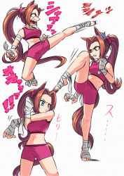 Rule 34 | 1girl, absurdres, alternate hairstyle, animal ears, appleq, bandaged arm, bandaged foot, bandaged hand, bandages, bare shoulders, barefoot, bike shorts, blue eyes, breasts, brown hair, flying kick, full body, grey background, highres, horse ears, horse girl, horse tail, kawakami princess (umamusume), kicking, long hair, medium breasts, midair, midriff, motion lines, multiple views, open mouth, parted bangs, ponytail, sanpaku, simple background, sound effects, sports bra, standing, standing on one leg, stretching, tail, teeth, umamusume, v-shaped eyebrows