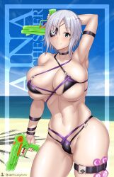 Rule 34 | 1girl, a port in any storm, absurdres, aina winchester, armpits, bikini, blue eyes, blush, breasts, day, dual wielding, eyepatch, highres, holding, large breasts, looking at viewer, micro bikini, navel, o-ring, o-ring bottom, outdoors, shiny skin, short hair, skindentation, smile, solo, standing, swimsuit, taimanin (series), thigh strap, toy gun, white hair