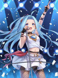 Rule 34 | 1girl, ahoge, arm up, belt, black choker, black gloves, blue eyes, blue hair, blurry, blurry background, blush, braid, breasts, brown pantyhose, choker, cowboy shot, depth of field, earrings, fingerless gloves, forehead, gloves, granblue fantasy, heart, heart earrings, highres, index finger raised, jewelry, long hair, lyria (born to be snowdos) (granblue fantasy), lyria (granblue fantasy), microphone, miniskirt, navel, open mouth, pantyhose, pointing, pointing up, shirt, short sleeves, side braid, skirt, small breasts, solo, stage lights, stomach, thigh strap, tied shirt, umiboozu (uminoyoukai), v-shaped eyebrows, very long hair, white shirt, white skirt