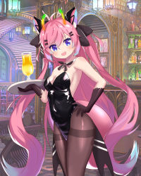 Rule 34 | 1girl, absurdres, animal ears, black legwear, blue eyes, blush, cat ears, cup, drinking glass, hair ornament, hairclip, highres, huge filesize, indie virtual youtuber, indoors, kittysuit, leotard, long hair, looking at viewer, nontraditional playboy bunny, open mouth, standing, teletha (vtuber), virtual youtuber