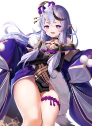 Rule 34 | 1girl, :d, black choker, blue kimono, breasts, choker, cleavage, commentary request, fang, floating hair, hair between eyes, hair ribbon, highres, horns, japanese clothes, kimono, kurotobi rarumu, long hair, long sleeves, looking at viewer, medium breasts, mole, mole under mouth, nijisanji, no panties, o-ring, o-ring top, oni, open mouth, pointy ears, purple eyes, purple hair, purple ribbon, ribbon, rindou mikoto, short eyebrows, short kimono, simple background, skin-covered horns, sleeves past fingers, sleeves past wrists, smile, solo, thick eyebrows, virtual youtuber, white background