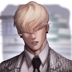 Rule 34 | 1boy, artist name, black necktie, blonde hair, blurry, blurry background, commentary, earrings, hair over eyes, highres, hong jae-yeol, jewelry, lookism, male focus, mitsu qo, necktie, outdoors, parted lips, solo