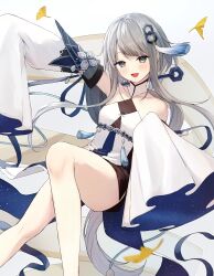 Rule 34 | 1girl, absurdres, arm up, artist name, bare shoulders, blush, breasts, collarbone, cropped, detached sleeves, dress, genshin impact, green eyes, grey hair, guizhong (genshin impact), hair ornament, hands up, highres, honotai, long sleeves, looking at viewer, medium breasts, open mouth, short hair, short hair with long locks, sidelocks, simple background, sitting, sky, sky print, smile, solo, space print, star (sky), starry sky, starry sky print, tassel, tassel hair ornament, tongue, white background, white dress, wide sleeves