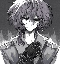 Rule 34 | 1boy, chinese commentary, closed mouth, commentary request, gloves, greyscale, hair between eyes, hand on own wrist, hands up, highres, jacket, male focus, medium hair, monochrome, portrait, saibou shinkyoku, shirt, short hair, solo, utsugi noriyuki, xinjinjumin6726769