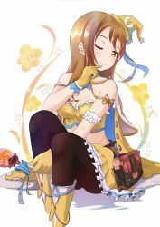 Rule 34 | 1girl, ;), arm ribbon, arm scrunchie, bad id, bad pixiv id, bag, bare shoulders, black pantyhose, blue bow, blue neckwear, blush, boots, bow, breasts, brown hair, candy, cape, capelet, cleavage, food, gloves, granblue fantasy, haifong, hand up, handbag, hat, hat bow, highres, holding, holding candy, holding food, kunikida hanamaru, lollipop, long hair, looking at viewer, love live!, love live! school idol festival, love live! sunshine!!, medium breasts, midriff, one eye closed, pantyhose, ribbon, sitting, skirt, smile, solo, tilted headwear, white capelet, yellow cape, yellow eyes, yellow footwear, yellow gloves, yellow hat, yellow skirt