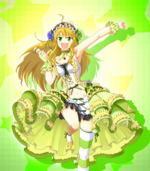 Rule 34 | 1girl, :d, ahoge, armpits, bad id, bad pixiv id, blonde hair, blush, breasts, clenched hand, corset, fingerless gloves, flower, frills, gloves, green eyes, hair flower, hair ornament, headdress, hoshii miki, idolmaster, idolmaster (classic), leg up, long hair, microphone, navel, open mouth, raised fist, rose, sayu (mio-mosa), single thighhigh, skirt, smile, solo, striped clothes, striped thighhighs, thighhighs, too many