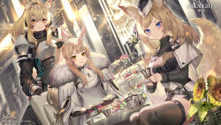 Rule 34 | 3girls, absurdres, animal ear fluff, animal ears, arknights, armor, aunt and niece, belt, black belt, black dress, black headwear, black legwear, blemishine (arknights), blonde hair, blue eyes, breastplate, commentary, copyright name, cup, dress, dutch angle, flower, fur trim, grin, hair between eyes, headset, highres, holding, holding cup, horse girl, indoors, kingdom of kazimierz logo, long hair, long sleeves, looking at viewer, multiple girls, nearl (arknights), parted lips, pauldrons, shoulder armor, siblings, sisters, sitting, smile, sunflower, teacup, teapot, thighhighs, thighs, whislash (arknights), yellow eyes, yellow flower, yoshimoto (dear life)