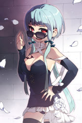 Rule 34 | arm up, armpits, bandages, bare shoulders, bat (animal), black thighhighs, blue hair, btoor, detached sleeves, flower, frills, glasses, hair ribbon, hand on own hip, hip focus, long hair, open mouth, petals, red eyes, ribbon, solo, sword girls, tattoo, thighhighs, twintails, very long hair