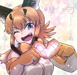 Rule 34 | 1girl, animal ears, black hair, blush, breasts, brown gloves, brown hair, caracal (kemono friends), elbow gloves, fangs, gloves, heart, heart hands, kemono friends, kotobukkii (yt lvlv), large breasts, looking at viewer, multicolored clothes, multicolored gloves, multicolored hair, one eye closed, open mouth, short hair, smile, solo, teeth, upper body, upper teeth only, white gloves