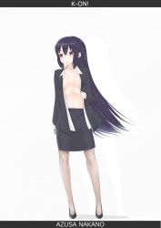 Rule 34 | 1girl, bad id, bad pixiv id, black hair, blush, brown eyes, formal, hair down, highres, k-on!, libre, long hair, nakano azusa, navel, no bra, open clothes, pantyhose, pencil skirt, shoes, skirt, skirt suit, solo, standing, suit, very long hair