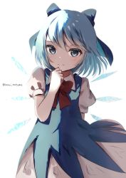 Rule 34 | 1girl, blue bow, blue dress, blue eyes, blue hair, bow, bowtie, cirno, closed mouth, collared shirt, dress, hair bow, highres, looking at viewer, natsume suzuri, pinafore dress, puffy short sleeves, puffy sleeves, red bow, red bowtie, shirt, short hair, short sleeves, simple background, sleeveless dress, smile, touhou, twitter username, white background, white shirt