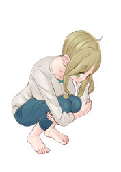 Rule 34 | 1girl, barefoot, blonde hair, breasts, commentary request, easy (aqk7bdqt), fang, full body, green eyes, hugging own legs, inuyama aoi, large breasts, long hair, long sleeves, looking at viewer, looking up, pants, simple background, skin fang, solo, squatting, thick eyebrows, white background, yurucamp