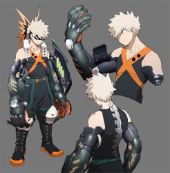 Rule 34 | 1boy, abaraya, arms at sides, baggy pants, bakugou katsuki, bare shoulders, belt, black footwear, black mask, black pants, black tank top, blonde hair, boku no hero academia, boots, buckle, closed mouth, collarbone, combat boots, container, cropped torso, cyborg, explosive, eye mask, from behind, full body, glowing, grenade, grey background, headgear, knee boots, knee pads, liquid, looking down, male focus, mechanical arms, mechanical spine, multiple views, one eye covered, orange footwear, oversized limbs, pants, parted lips, prosthesis, prosthetic arm, prosthetic arm removed, red eyes, sanpaku, science fiction, simple background, sleeveless, snap-fit buckle, spiked hair, tank top, tube, two-tone footwear, upper body, v-neck, x