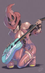 Rule 34 | 1girl, absurdres, bare shoulders, black hair, bob cut, boots, breasts, detached sleeves, dress, electric guitar, fingerless gloves, gloves, green eyes, guilty gear, guilty gear xrd, guitar, hat, highres, i-no, instrument, kneeling, large breasts, mole, mole above mouth, plectrum, red footwear, red hat, short dress, short hair, signature, skindentation, solo, thigh boots, thighhighs, tongue, tsuna (akmu8832), witch hat