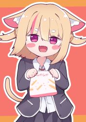 Rule 34 | 1girl, :d, absurdres, animal ear fluff, animal ears, ascaro, bag, black jacket, black skirt, blazer, blonde hair, blush, blush stickers, bob cut, cat ears, cat girl, cat tail, collared shirt, commentary, cowboy shot, dancing, dress shirt, fangs, food, french fries, hair between eyes, hair rings, head tilt, highres, hikimayu, holding, holding bag, jacket, long sleeves, looking at viewer, mcdonald&#039;s, necktie, open mouth, orange background, original, outline, paper bag, pink eyes, pleated skirt, red background, red necktie, school uniform, shakacat, shaking, shirt, short eyebrows, short hair, skin fangs, skirt, slit pupils, smile, solo, tail, thick eyebrows, two side up, w arms, white outline, white shirt