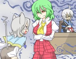 Rule 34 | 1boy, 2girls, ahoge, animal ears, ascot, ass, blush, breasts, capelet, crossed arms, green hair, jewelry, kazami yuuka, long sleeves, morichika rinnosuke, mouse ears, mouse tail, multiple girls, nazrin, one eye closed, pendant, puffy sleeves, red eyes, sag (karehabase), shaded face, short hair, silver hair, sitting, smile, sweatdrop, tail, tears, touhou, wink