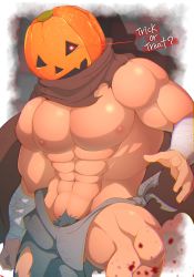 Rule 34 | 1boy, abs, bara, blood, blood splatter, brown cloak, bulge, cloak, crow (siranui), eye trail, feet out of frame, glowing, glowing eye, halloween, halloween costume, highres, large pectorals, light trail, loincloth, looking at viewer, male focus, male pubic hair, muscular, muscular male, navel, nipples, original, pectorals, penis, penis peek, pubic hair, pubic hair peek, pumpkin hat, red eyes, solo, stomach, thick thighs, thighs, topless male, trick or treat