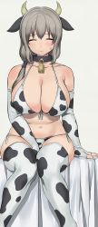 Rule 34 | 1girl, absurdres, animal ears, animal print, arm support, bare shoulders, bell, between legs, bikini, breasts, cleavage, closed eyes, closed mouth, collar, commentary request, cow ears, cow girl, cow horns, cow print, cow print bikini, cowbell, curvy, elbow gloves, gloves, grey hair, hair over shoulder, halterneck, hand between legs, highres, horns, large breasts, lliikkiiiii, low tied hair, mature female, navel, neck bell, print bikini, side-tie bottom, sitting, sweatdrop, swimsuit, thighhighs, uzaki-chan wa asobitai!, uzaki tsuki