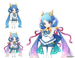 Rule 34 | 1girl, absurdly long hair, aki no jikan, arms at sides, blue eyes, blue hair, bow, clenched hand, fins, flower, gradient hair, hair flower, hair ornament, head fins, horns, long hair, looking at viewer, maru-kichi, multicolored hair, multiple views, official art, pantyhose, parted bangs, purple hair, small hands, standing, twintails, very long hair, white pantyhose, yellow bow