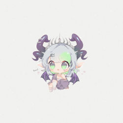 Rule 34 | 1girl, blue hair, apricot the lich, camisole, chibi, green background, green hair, grey camisole, grey sweater, horns, me o wy, multicolored hair, multiple horns, off shoulder, pointy ears, purple eyes, short hair, socks, solo, streaked hair, sweater, tiara, virtual youtuber, vshojo