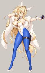 Rule 34 | 1girl, ahoge, animal ears, artoria pendragon (all), artoria pendragon (fate), artoria pendragon (swimsuit ruler) (fate), bare shoulders, blonde hair, blue necktie, blue pantyhose, braid, breasts, card, cleavage, clothing cutout, commentary request, commission, detached collar, fake animal ears, fate/grand order, fate (series), fingernails, fishnet pantyhose, fishnets, french braid, full body, fur trim, green eyes, high heels, high ponytail, highleg, highleg leotard, highres, holding, jewelry, large breasts, leotard, lips, looking at viewer, nail polish, navel, navel cutout, necktie, pantyhose, playboy bunny, ponytail, rabbit ears, shiny clothes, short necktie, smile, solo, standing, thigh strap, thighs, tiara, tony guisado, white footwear, white leotard, wrist cuffs