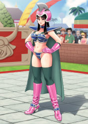 Rule 34 | 1girl, aged up, armor, bikini armor, blunt bangs, boots, breasts, chi-chi (dragon ball), cleavage, day, dragon ball, dragon ball (classic), enkaboots, full body, hands on own hips, highres, outdoors, palm tree, solo focus, standing, thigh boots, thighhighs, tree