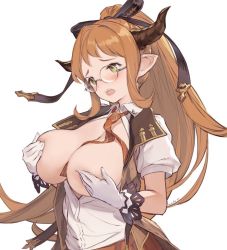 Rule 34 | 10s, 1girl, blush, breasts, breasts out, brown hair, covering privates, covering breasts, covering nipples, draph, glasses, gloves, granblue fantasy, green eyes, hair ribbon, horns, large breasts, long hair, necktie, open mouth, pointy ears, ponytail, ribbon, rimless eyewear, sarya (granblue fantasy), simple background, solo, u jie, white background, white gloves