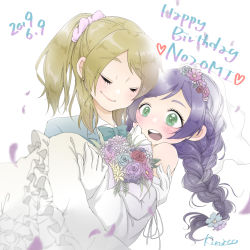Rule 34 | 2019, 2girls, artist name, ayase eli, blonde hair, blush, bouquet, bow, bowtie, braid, bridal veil, carrying, dated, dress, english text, closed eyes, flower, formal, gloves, green eyes, happy birthday, heart, highres, kinacojjs, long hair, looking at another, love live!, love live! school idol project, multiple girls, open mouth, petals, ponytail, princess carry, purple hair, scrunchie, signature, simple background, suit, teeth, tongue, tojo nozomi, veil, wedding, wedding dress, white background, white gloves, yuri
