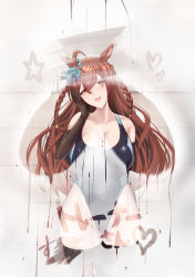 Rule 34 | 1girl, absurdres, ahoge, animal ears, artist request, bare shoulders, braid, breasts, brown hair, hair ribbon, highres, horse ears, long hair, looking at viewer, mejiro bright (umamusume), one-piece swimsuit, ribbon, shiny clothes, shiny skin, shower (place), showering, smile, solo, steam, swimsuit, thighhighs, umamusume, very long hair