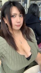 Rule 34 | 1girl, asian, black hair, breasts, chouzuki maryou, cleavage, highres, large breasts, lipstick, makeup, photo (medium), plump, solo