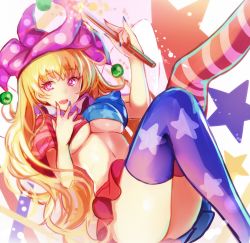Rule 34 | 1girl, alternate legwear, american flag dress, american flag legwear, ass, asymmetrical legwear, blonde hair, breasts, clownpiece, crop top, fairy wings, female focus, hat, jester cap, large breasts, long hair, looking at viewer, midriff, miniskirt, mismatched legwear, nail polish, nakaichi (ridil), navel, open mouth, print thighhighs, purple eyes, short sleeves, skirt, smile, solo, star-shaped pupils, star (symbol), striped clothes, striped thighhighs, symbol-shaped pupils, thighhighs, touhou, underboob, upskirt, wings