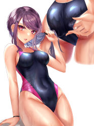 Rule 34 | 1girl, absurdres, ass, bare arms, bare shoulders, black one-piece swimsuit, blush, breasts, commentary, commentary request, competition swimsuit, covered navel, gundou mirei, hair ornament, hairclip, highres, long hair, looking at viewer, medium breasts, multiple views, nijisanji, one-piece swimsuit, parted lips, purple eyes, purple hair, rai (newtype xm-x1), swimsuit, thighs, virtual youtuber, wet, white background