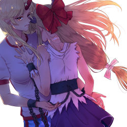 Rule 34 | 2girls, arms up, bad id, bad pixiv id, belt, blonde hair, blue skirt, bow, breasts, bright pupils, chain, commentary, cuffs, dutch angle, floating hair, from behind, hair bow, hand on another&#039;s chest, highres, horns, hoshiguma yuugi, ibuki suika, large breasts, long hair, looking at viewer, low-tied long hair, multiple girls, parted lips, pointy ears, red eyes, scar, shackles, shirt, short sleeves, sibata maru, sidelocks, simple background, single horn, skirt, sleeveless, sleeveless shirt, standing, star (symbol), torn clothes, torn shirt, touhou, very long hair, white background, white pupils, white shirt, yuri