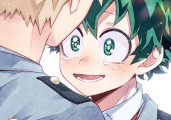 Rule 34 | 2boys, bakugou katsuki, blonde hair, boku no hero academia, collared shirt, commentary request, crying, crying with eyes open, freckles, green eyes, green hair, happy tears, looking at another, male focus, midoriya izuku, morino (ktdk 0141), multiple boys, open mouth, school uniform, shirt, short hair, smile, tears, u.a. school uniform, white background
